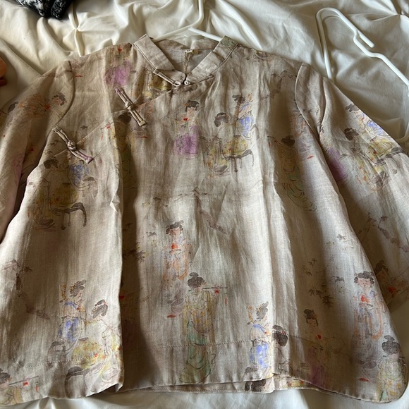 LINEN Oriental Mandarin Cropped Top Ancient Design - Picture 5 of 7